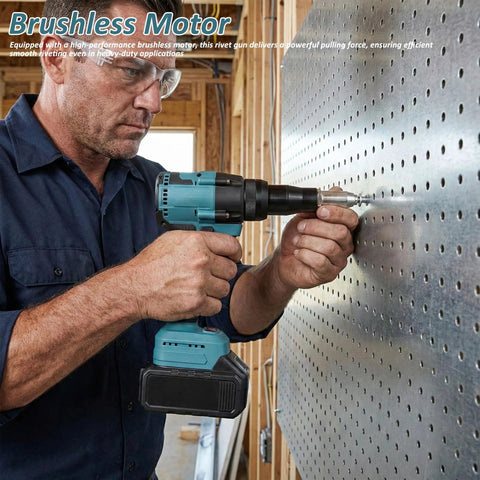 Badass Heavy Duty Cordless Pop Rivet Gun Workhorse With Smooth Pulling Action And Bright Led Light in use on a metal panel.