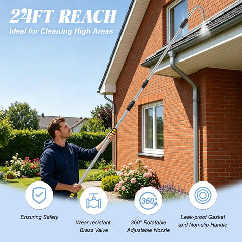 Man using 16Ft Telescoping Gutter Cleaning Tool From Ground With Up To 24Ft Reach Bendable Flexible Wand Metal Curved Wand