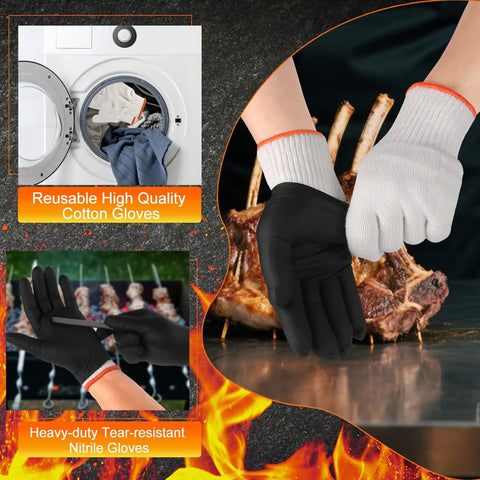 BBQ Gloves Set With 50 Disposable Nitrile Gloves And 2 Reusable Cotton Liners For Cooking Food Prep Powder Latex Free Heat Resistant Grilling Barbecue Smoking Like A Pro For Men XLarge shown on hands near food and washing machine