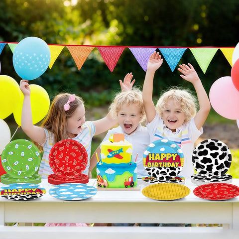 Three kids celebrate with Legendary 7 Inch Cartoon Story Paper Plates 60 Pack Boy Birthday Party Supplies, colorful designs included.