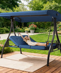Three Seat Outdoor Porch Patio Swing With Adjustable Canopy And Cup Holder, 3 In 1 Convertible Swing Bed For Yard Deck Garden