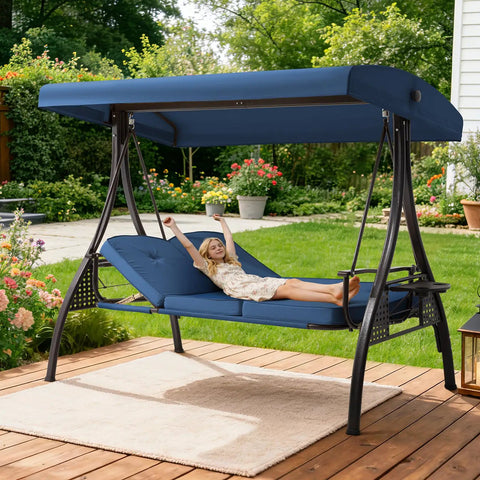 Three Seat Outdoor Porch Patio Swing With Adjustable Canopy And Cup Holder, 3 In 1 Convertible Swing Bed For Yard Deck Garden