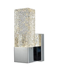 Polished Chrome LED Wall Sconce, Textured Cubic Ice Glass Finish, 8 x 4 x 4 Inch, Sleek Modern Bath And Hallway Lighting