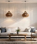 Living room with two Wicker Pear Pendant Light With Bamboo Ball Design, Rustic Modern Hanging Lamp For Kitchen Dining Room Or Bedroom