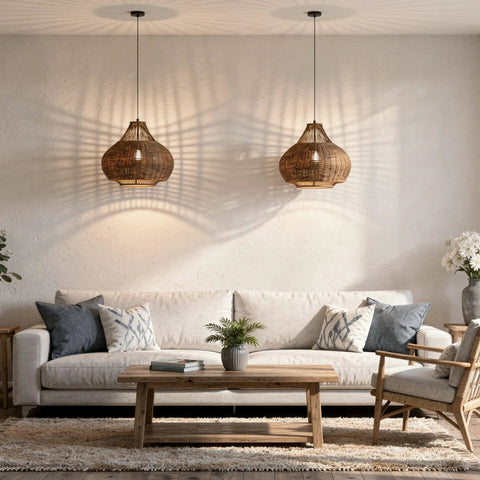 Living room with two Wicker Pear Pendant Light With Bamboo Ball Design, Rustic Modern Hanging Lamp For Kitchen Dining Room Or Bedroom