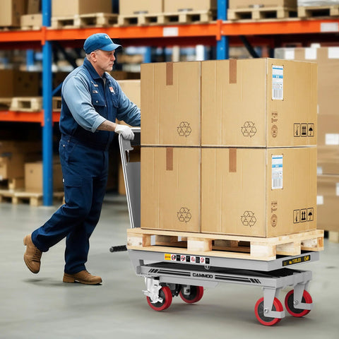 Heavy Duty Hydraulic Lift Table Cart With 1100 Lb Capacity Single Scissor Lifts Up To 34.7 Inches Gray Finish in warehouse use