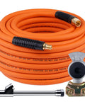 Heavy Duty Truck Tire Inflator Kit And Tough 3/8 X 50 Ft Hybrid Air Hose With Brass Fittings, orange air hose with connectors.