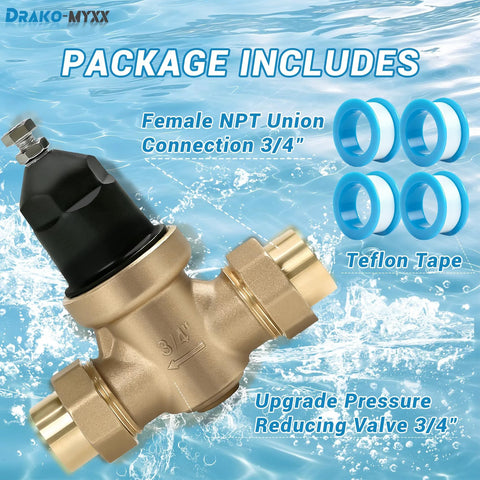 Angled side view of brass 3/4 inch NR3XL pressure reducing valve with double union FNPT connections; blue Teflon tape.