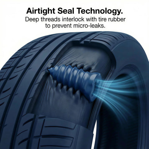 Emergency Tire Repair Screws For Tubeless Tires Quick Plug Kit To Seal Leaks In Minutes No Tire Removal Needed Works For Cars Motorcycles And Bikes Back On The Road Fast showing interlocked screw in tire.
