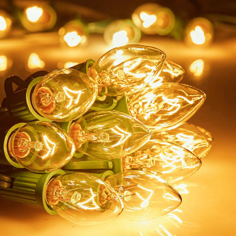 Close-up of Lit Outdoor 50 Feet LED Globe String Lights With 25 Bulbs Energy Saving Waterproof Hanging Lights glowing warmly