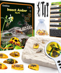 Amber Dig Kit With Real Insects Encased In Resin and tools shown with packaging and excavated specimens for kids ages 6 8 12.