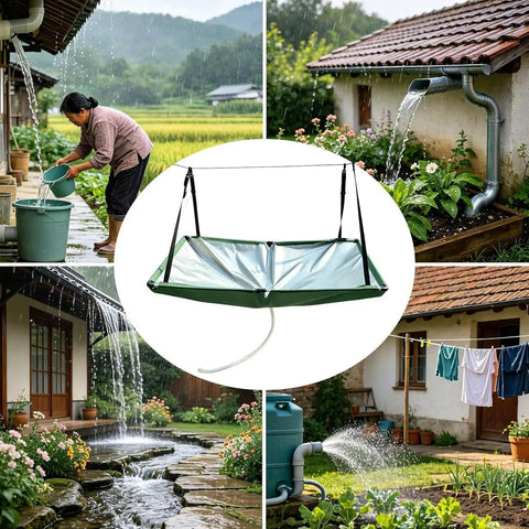 Garden Rain Collector Kit For Eco Friendly Water Harvesting With Hose And Filter System Tool Free Assembly demonstrated in use