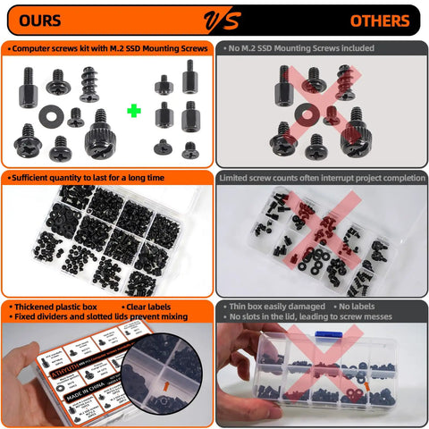 Comparison image showing Hassle Free 450 Piece Computer Screw Kit for PC Building and Repairing with M.2 SSD mounting screws.