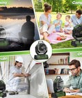 Collage of Go To 20000mAh Camping Fan with Remote and LED Lantern used in fishing, camping, jobsites, and office settings.
