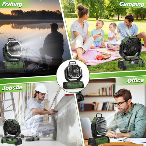 Collage of Go To 20000mAh Camping Fan with Remote and LED Lantern used in fishing, camping, jobsites, and office settings.