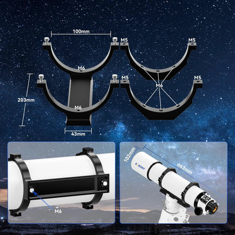 102mm F6.5 Refractor Telescope For Beginners And Deep Space Nerds with mounting hardware and detailed measurements.