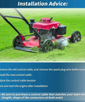 Red mower on grass with installation steps for shift cable for AT4 All Terrain Field and Brush Mowers Replacement 351311