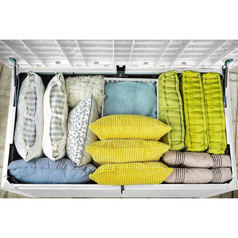 Open XXL 230 Gallon Deck Storage Box Outdoor Patio Container With Lockable Lid And Piston Opening White Wood Look Panels