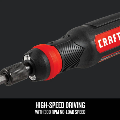 Close-up of 4V Electric Screwdriver Set With 300 RPM Drive, Micro USB Charging Port, red and black handle, showing speed feature.