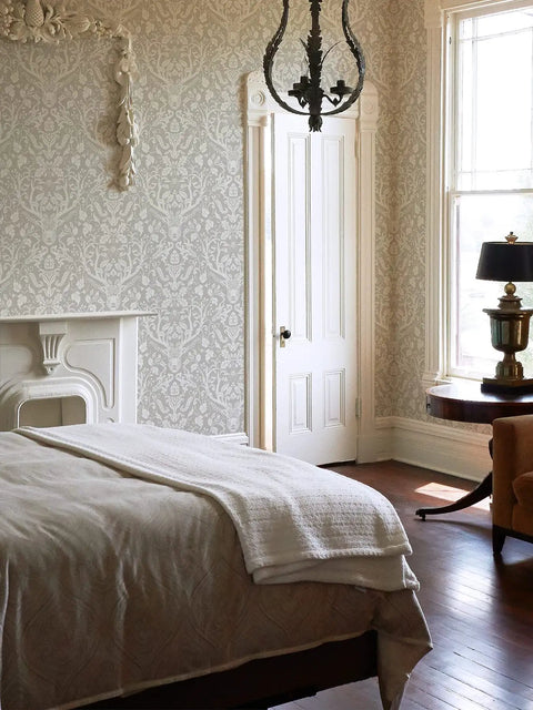 Taupe Forest Peel And Stick Wallpaper for walls DIY friendly removable self adhesive decor with damask pattern in bedroom setting