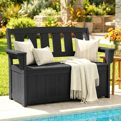 HDPE Outdoor Storage Bench With 57 Gallon Dual Use Seat And Organizer, Black, by a pool with pillows and a throw blanket