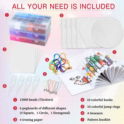 Fuse Beads Craft Kit With 15000 Beads In 72 Colors 5mm Beads Includes Pegboards Melting Beads Ironing Paper Tweezers Colorful Hooks And A 24 Compartment Storage Box Great For Christmas Gifts And Home School Arts And Crafts Projects layout overview.