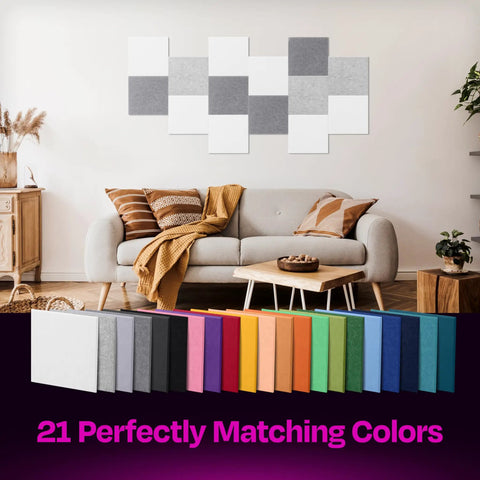 High Density Acoustic Wall Panels 12 Pack Sound Dampening 12 X 12 Inch Soundproof Tiles in modern living room setting.