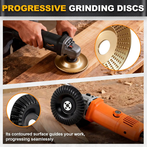 Five Piece Wood Carving Disc Set For 4 Inch And 4 And A Half Inch Angle Grinders With Five Eighth Inch Adapters in use on wood