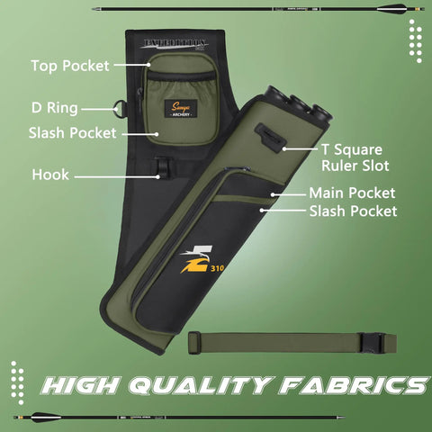 Dope Hip Quiver For Arrows With 3 Tube Holder And Slim Side Pockets, Waist Belt, D Loop Ring And Ruler Slot, Army Green Archery Gear