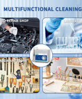 Multifunctional cleaning uses for ultrasonic cleaner in auto repair, laboratory, hardware store, and at-home settings.