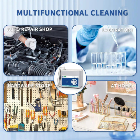 Multifunctional cleaning uses for ultrasonic cleaner in auto repair, laboratory, hardware store, and at-home settings.