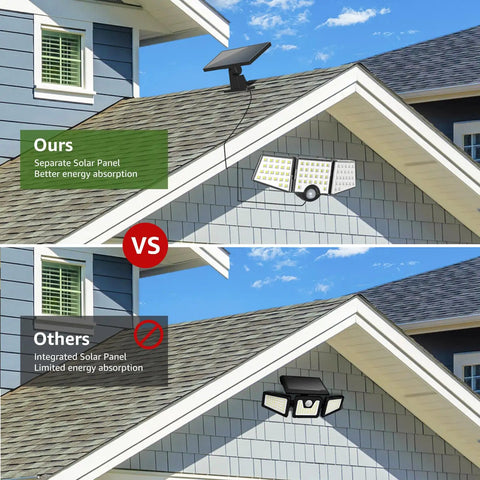 Comparison showing Lit Outdoor Solar Motion Sensor Light With 3 Adjustable Heads Separate Solar Panel vs integrated