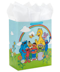 Sesame Street Large Gift Bag With Tissue Paper Featuring Big Bird Elmo Grover Cookie Monster And Friends For Birthdays Christmas And Back To School 13 Inch Tall Oversized Gift Bag with rainbow and flowers.