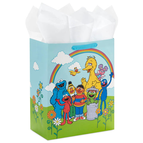 Sesame Street Large Gift Bag With Tissue Paper Featuring Big Bird Elmo Grover Cookie Monster And Friends For Birthdays Christmas And Back To School 13 Inch Tall Oversized Gift Bag with rainbow and flowers.