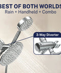 Solid Metal Dual Shower Head Combo Chrome 8 Inch Rainfall High Flow With Handheld Shower Head 6 Ft Hose High Pressure System