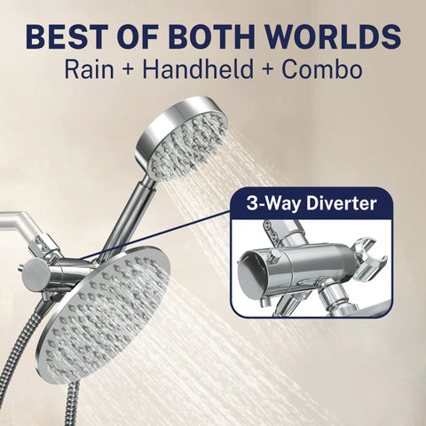 Solid Metal Dual Shower Head Combo Chrome 8 Inch Rainfall High Flow With Handheld Shower Head 6 Ft Hose High Pressure System