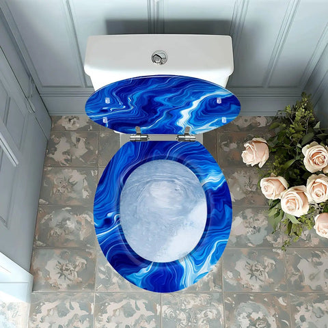 Round Resin Toilet Seat for Bathroom in blue marble design viewed from above, highlighting fittings and surrounding decor.