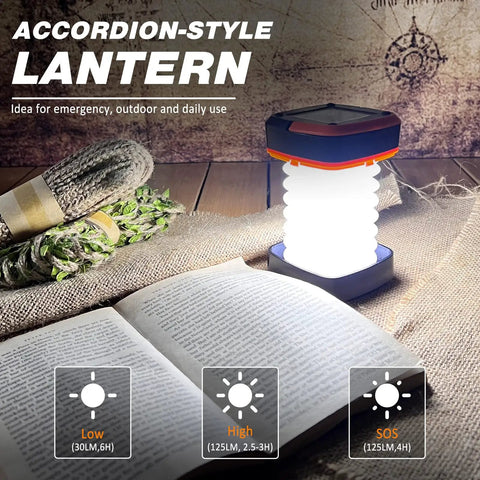 Two Pack Folding Solar Lantern Flashlights Kit Mini Collapsible USB Rechargeable Waterproof Hanging Lights For Camping Outdoor Adventures Be A Beast In The Dark During Hurricanes And Power Outages Indoor Outdoor Use shown as light source on table with book and rope