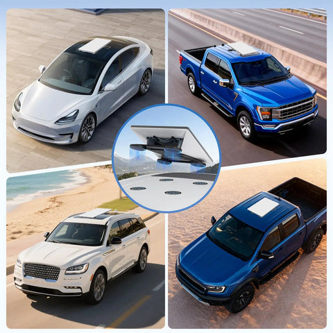 Heavy Duty Four Pack Starlink Mini Gen 3 Magnetic Mount Plates With Rock Solid Self Adhesive Metal Backing For Vehicles Glass Or Aluminum Cab Roofs No Sweat Satellite Dish Setup, displayed on various vehicles.