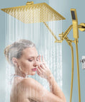 Brushed Gold 12 Inch Square Shower Head Kit With 3 Way Diverter Holder Extension Arm And Hose All Metal 304 Stainless Steel And Brass