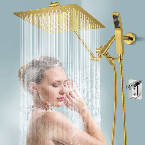 Brushed Gold 12 Inch Square Shower Head Kit With 3 Way Diverter Holder Extension Arm And Hose All Metal 304 Stainless Steel And Brass