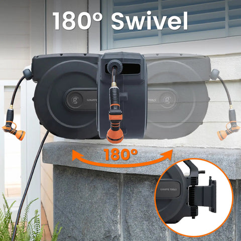 Retractable Garden Hose Reel With Five Eighth Inch Hose 115 Plus Five Feet Heavy Duty Wall Mounted Automatic Rewind 180 Degree Swivel Bracket Slow Retraction Any Length Lock Dark Gray