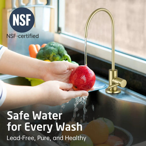 RO Water Filter Faucet for Home Kitchen Use No Fuss Non Air Gap Style, Easy Setup with brushed gold finish washing apple