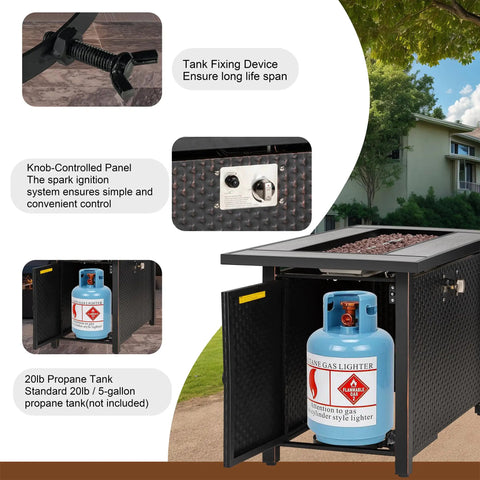 45 Inch Propane Fire Pit Table With 50,000 BTU Output And Lid shown with control panel and propane tank storage.