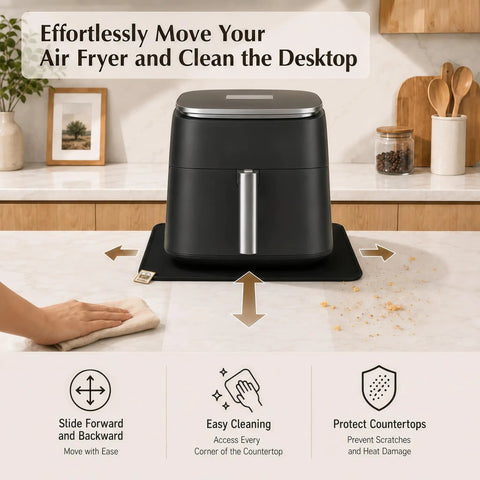 Slide Mat For 9 In 1 TurboBlaze Air Fryer With Anti Slip Base And Hanging Strap, black mat under air fryer on countertop.