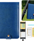 Magnetic Golf Scorecard Holder With Premium Leather All In One Design Blue Slim Back Pocket Carry Universal Fit For Most Scorecards Grab And Go Golf Bag Accessory With Secure Magnetic Attachment showing front, open view, and accessories.