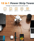 Ultra Slim 10 Foot Power Strip Tower With Eight Widely Spaced Outlets And Four Usb Ports To Juice Up Every Device Without Any Adapter Blocker Smooth Operator Setup For Home Office Or Dorm Room on wooden desk with various devices plugged in.