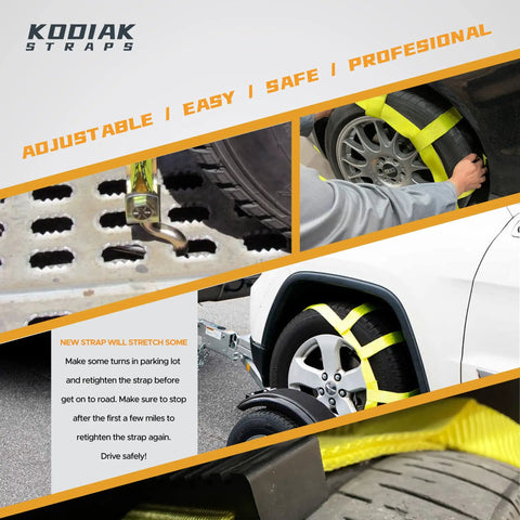 Heavy Duty Adjustable Wheel Net Tow Straps With Swivel J Hooks 2-Pack For Dollies And 14 To 22 Inch Tires in use on vehicle wheel