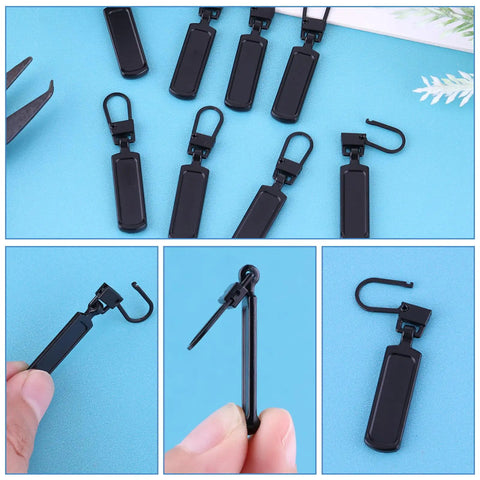 8 Pack Black Zipper Pull Replacements For Jackets And Coats Bags And Luggage Easy Install Zipper Sliders Detachable Pull Tabs Repair Kit For Clothing Backpacks Suitcases Boots And Purses on blue background, various views.