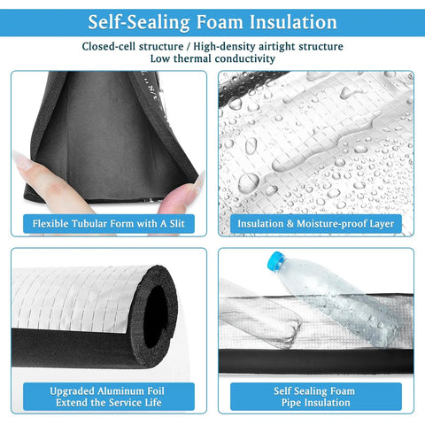 4 Pack Self Adhesive Pre Slit Foam Pipe Insulation Tubes With Aluminum Foil For Outdoor Water Pipes Plumbing And Irrigation Freeze Protection Inside Diameter One Inch Length Fifteen Point Seven Inches Thick Three Eighths Inch; close-up of flexible foam and foil layer.
